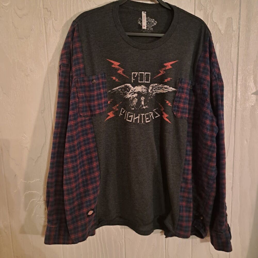 Reworked Foo Fighters Flannel Shirt 2013 Band Tee Upcycled Long Sleeve